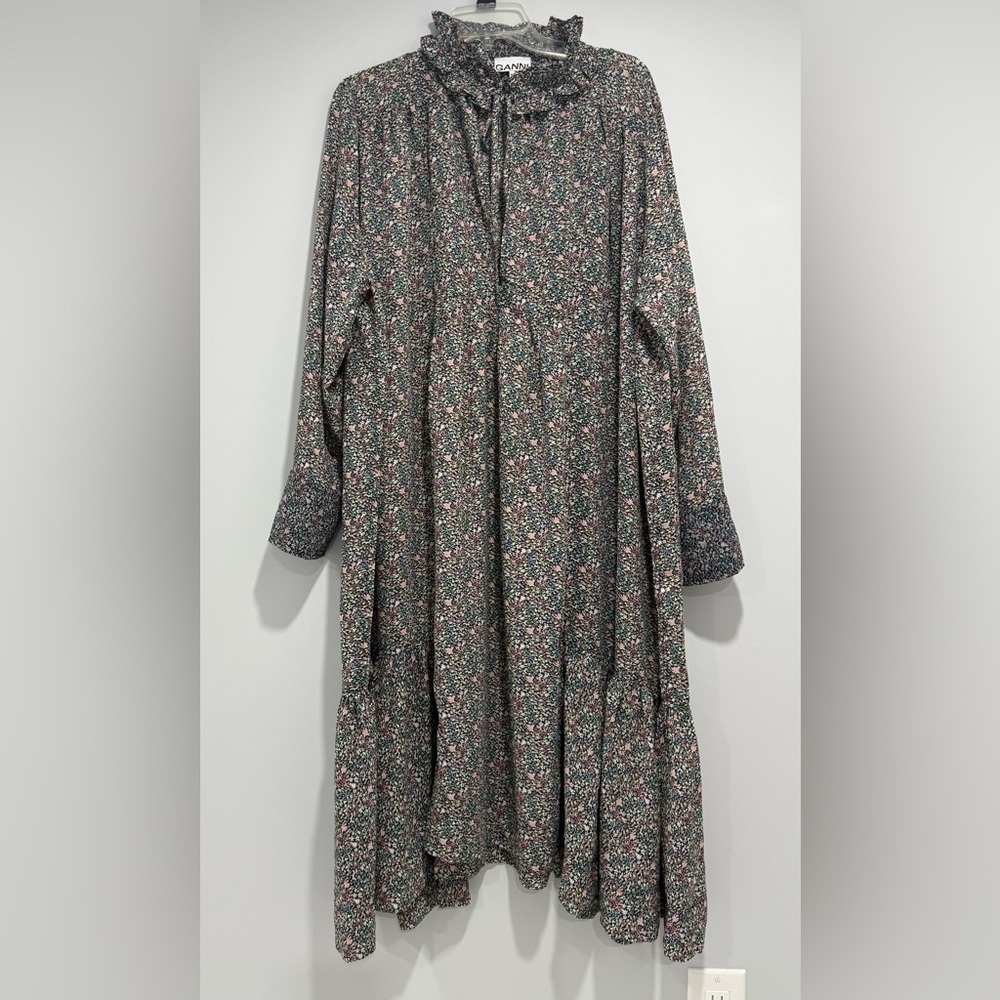 GANNI Women’s Ruffled Crepe Floral Print Midi Dress Size 44 / US 14 - Picture 3 of 10